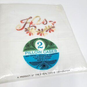 Vintage Riegel Pillow Cases Embroidered White Orange Fall Floral His & Hers USA